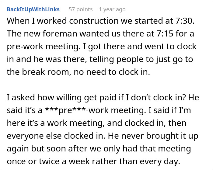 A comment from BackItUpWithLinks detailing how a new hire dealt with management's illegal shenanigans regarding unpaid meetings.