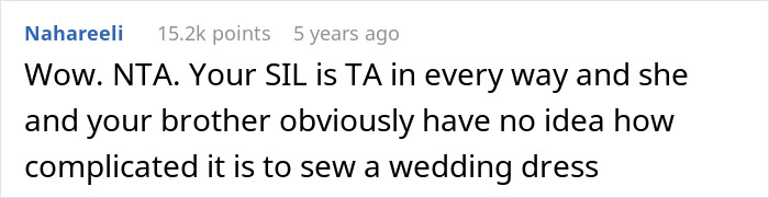 Comment on complexity of sewing a wedding dress by SIL and brother