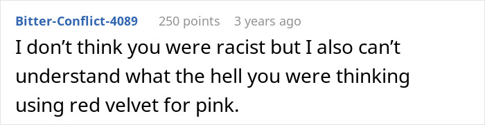Comment questioning using red velvet cake for a pink gender reveal Comment questioning using red velvet cake for a pink gender reveal