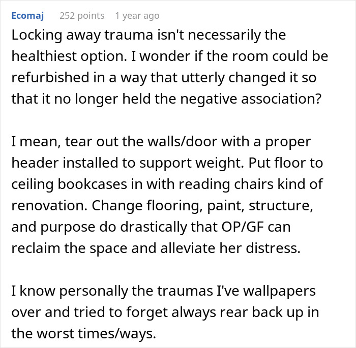 Comment discussing refurbishing a locked room to remove trauma and distress Comment discussing refurbishing a locked room to remove trauma and distress