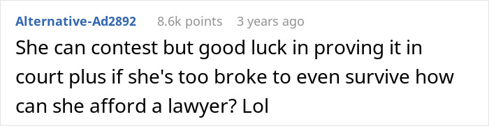 A Reddit comment suggesting the girlfriend can contest the inheritance but will struggle to prove it without funds for a lawyer.