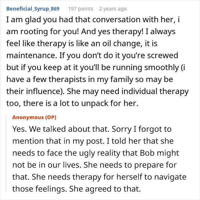 Therapy suggested for an ex-wife navigating emotions after her husband's accident ended their marriage.