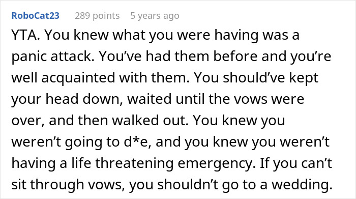 Comment advising to wait through vows during panic attack at wedding Comment advising to wait through vows during panic attack at wedding