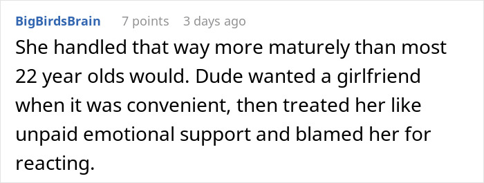 A comment praising the introverted GF's maturity and criticizing the man for treating her like emotional support during the birthday bar crawl. A comment praising the introverted GF's maturity and criticizing the man for treating her like emotional support during the birthday bar crawl.