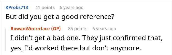 KProbs713 asks if the guy unjustly fired got a good reference, confirming no bad reference.