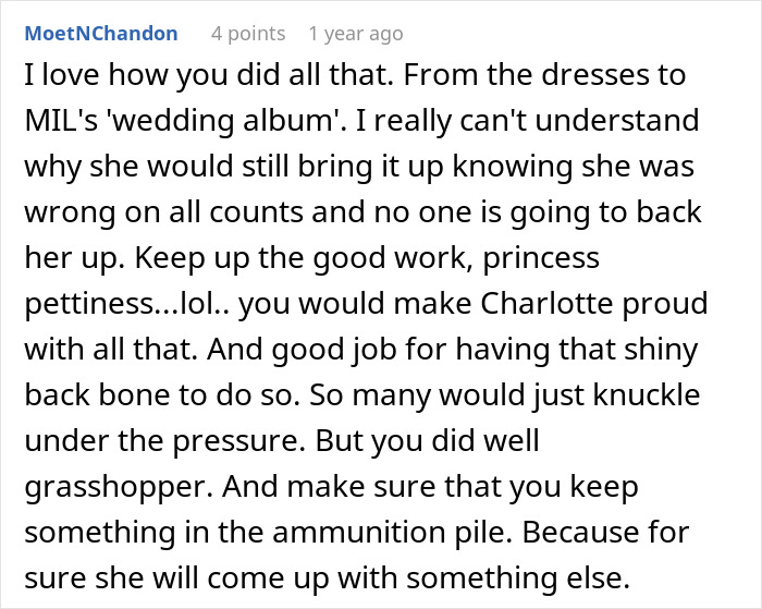 A comment appreciating the bride's handling of her MIL wearing white to the wedding.