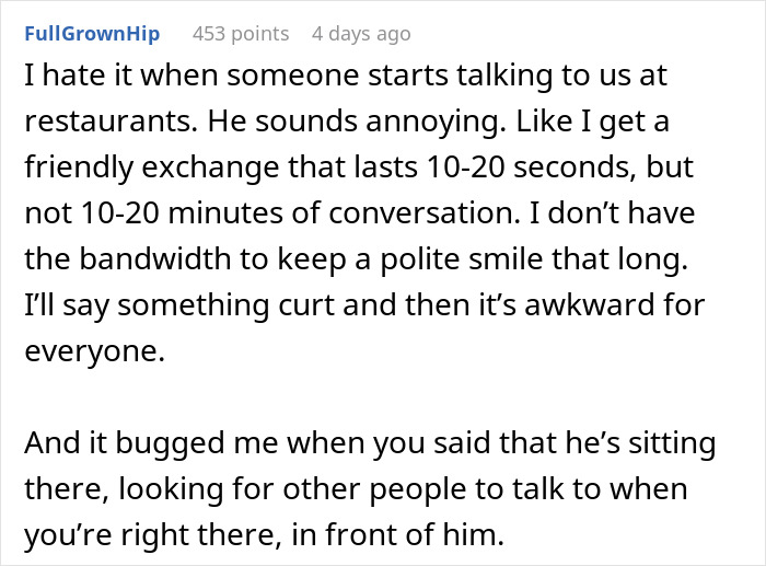 Screenshot of Reddit comment about a woman sick of talkative fiancé who craves strangers attention. Screenshot of Reddit comment about a woman sick of talkative fiancé who craves strangers attention.