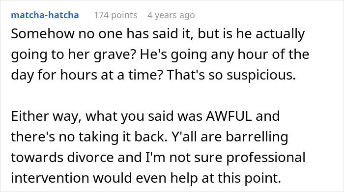 A Reddit comment questioning a husband's suspicious hours-long visits to his late ex's grave, leading to divorce talks. A Reddit comment questioning a husband's suspicious hours-long visits to his late ex's grave, leading to divorce talks.