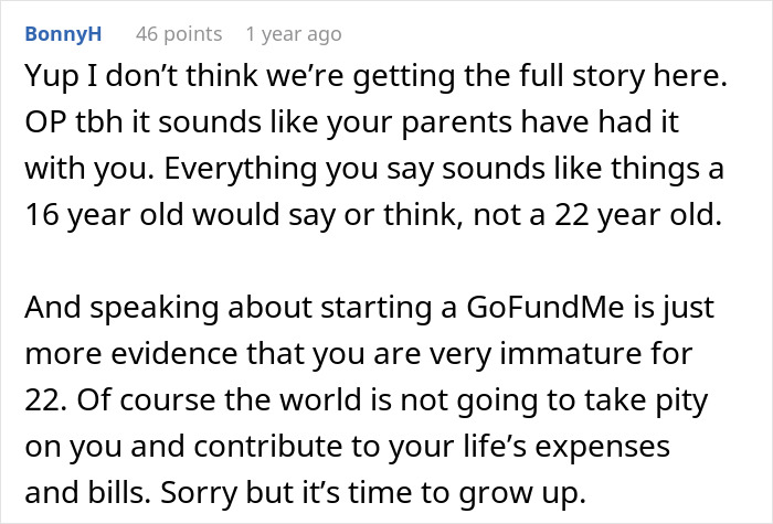 A screenshot of a comment stating the woman is immature for her age, after refusing to follow a rule at home.