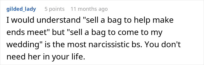 Criticism of selling bag to attend a destination wedding