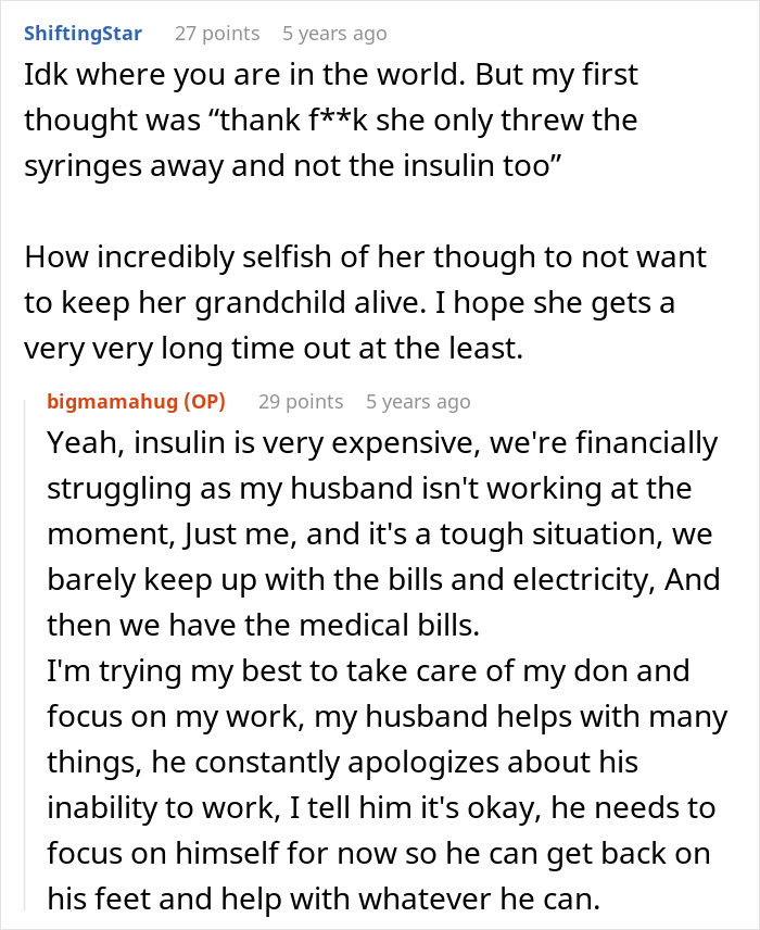 A Reddit comment discussing the entitled MIL throwing away insulin and the high cost of medical bills.