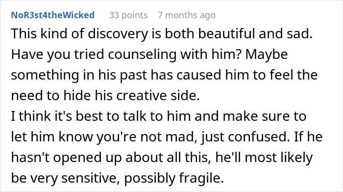 Reddit comment on a guy finding his husband's secret, suggesting counseling for past issues causing a double life.