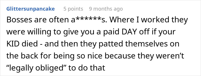 Comment on bosses giving paid day off for child loss Comment on bosses giving paid day off for child loss