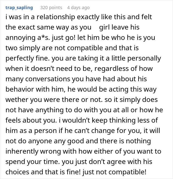 A screenshot of a comment from a woman giving advice to a woman sick of her talkative fiancé. A screenshot of a comment from a woman giving advice to a woman sick of her talkative fiancé.