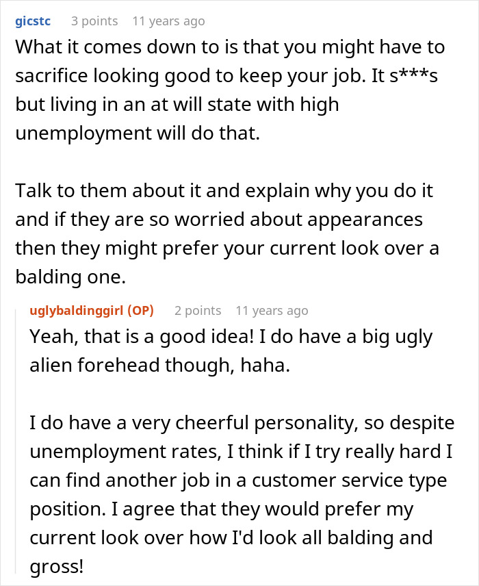 A woman discusses her hair loss and the impact on her job prospects.
