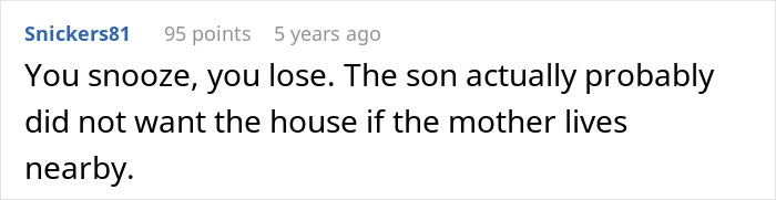 A comment suggesting the son did not want the house, reflecting on the situation with Karen and her son. A comment suggesting the son did not want the house, reflecting on the situation with Karen and her son.