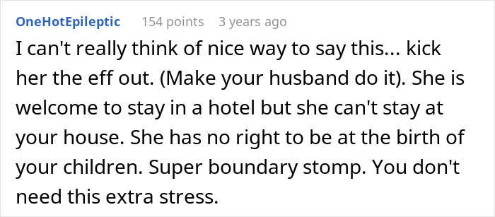 A comment suggests the husband makes the MIL leave as the pregnant woman has contractions.