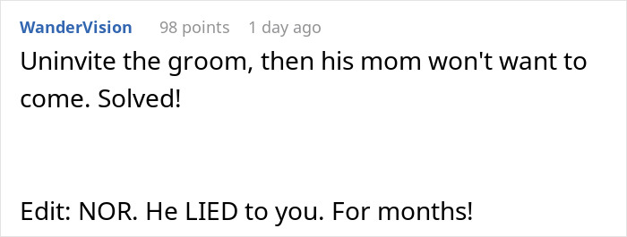 Comment proposing uninviting groom to avoid mother-in-law's attendance