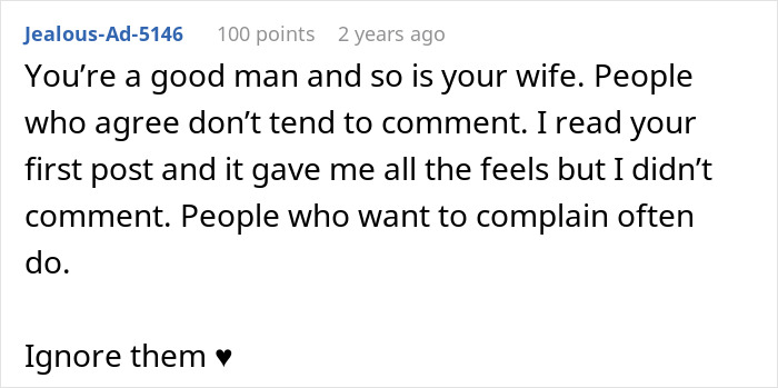 Reddit comment supporting an ex-wife's loyalty to her husband after an accident and their marriage ending.