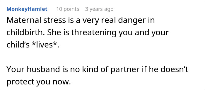 A comment highlights maternal stress during childbirth from MIL refusing to leave when contractions start.