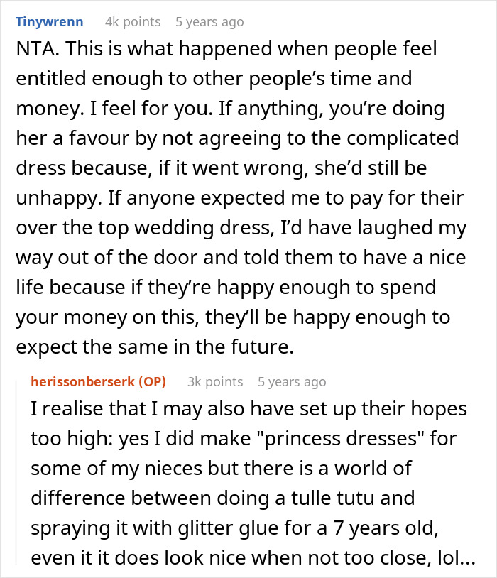 Commentary on entitlement and refusal to make complicated wedding dress