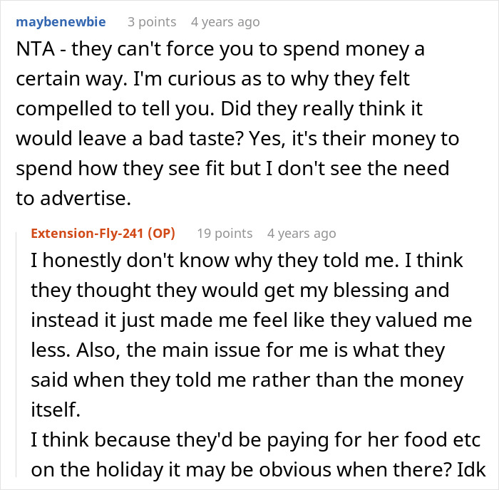 A Reddit comment from maybe_newbie discussing parents sponsoring a sister's trip and the impact on the other child's frugal life. A Reddit comment from maybe_newbie discussing parents sponsoring a sister's trip and the impact on the other child's frugal life.