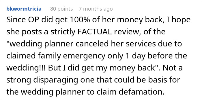 Comment urging honest review after wedding planner canceled last minute