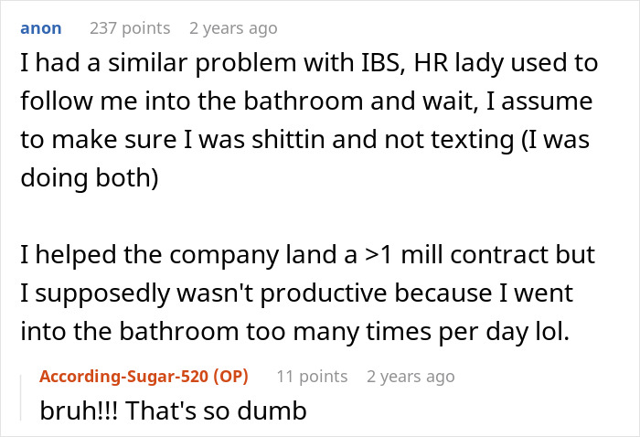 A Reddit comment describing a coworker followed to the bathroom for IBS, demonstrating the microaggressions of an ableist Karen.