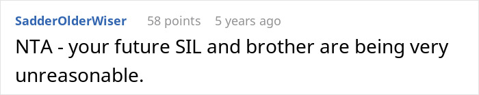 Comment says future SIL and brother are unreasonable about wedding dress