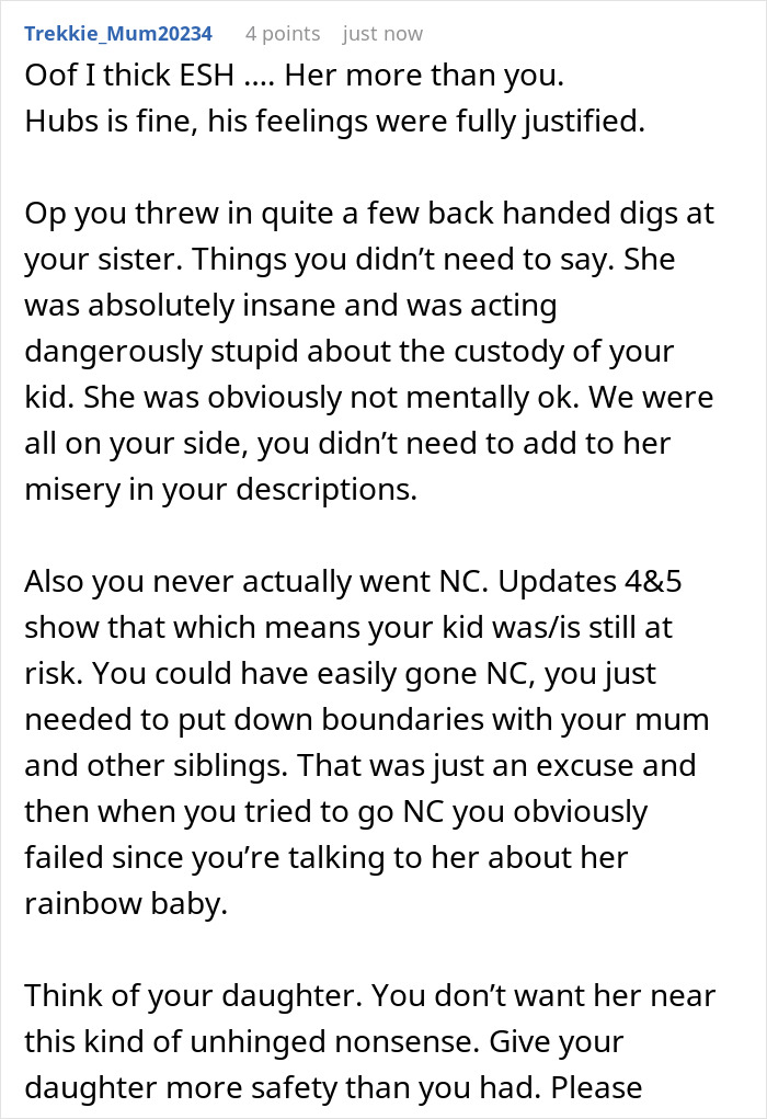 Comment discussing custody disputes and mental health in a half-sister baby claim story Comment discussing custody disputes and mental health in a half-sister baby claim story