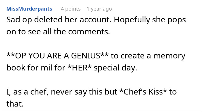 A comment calling the bride a genius for handling the MIL in white at the son's wedding.