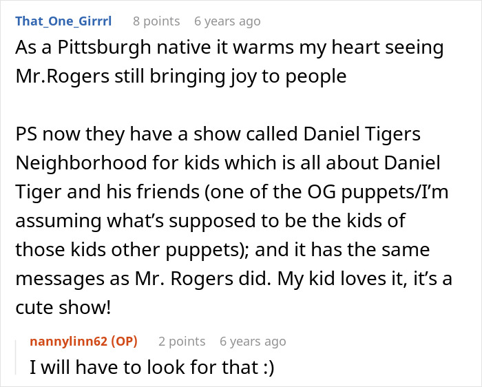 A screenshot of a comment about Mr. Rogers and Daniel Tiger, related to MIL humiliating DIL. A screenshot of a comment about Mr. Rogers and Daniel Tiger, related to MIL humiliating DIL.