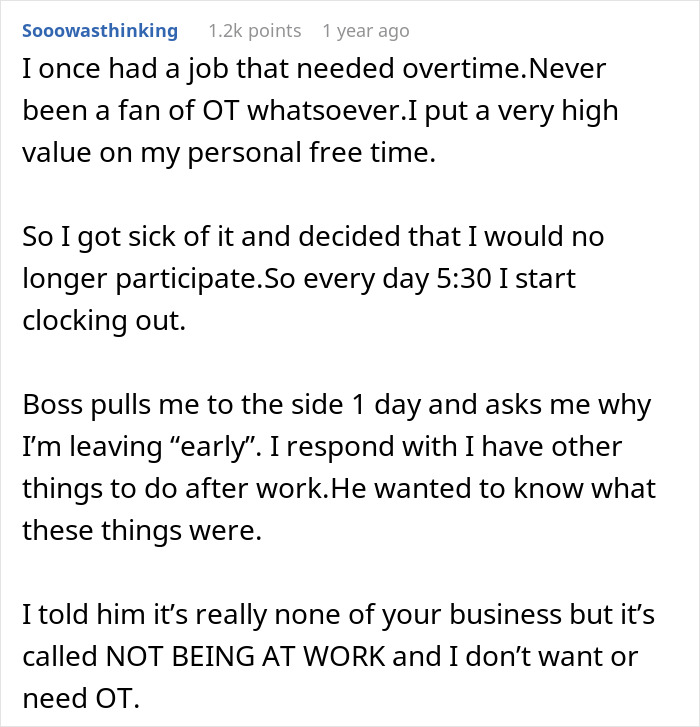 A user refuses to do overtime, like a New Hire makes the whole team do the same against illegal shenanigans.