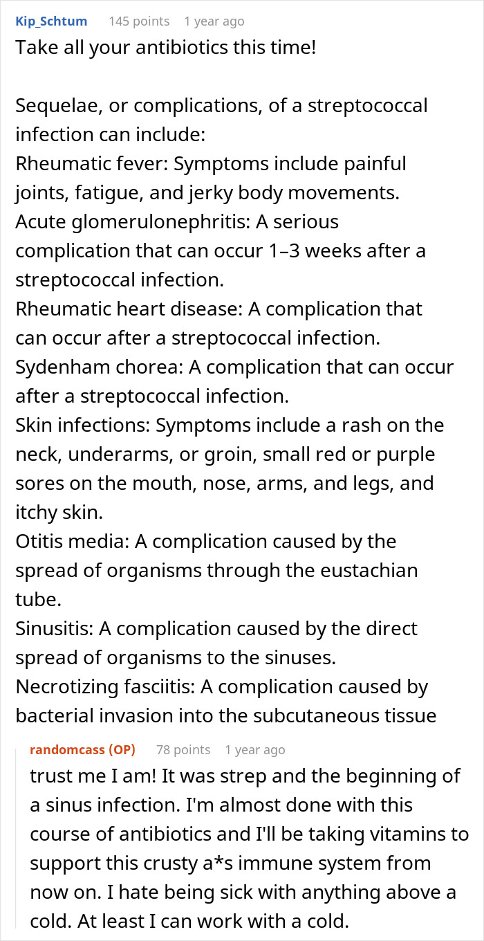 A screenshot of a Reddit comment discussing strep complications relevant to a woman told to leave home.