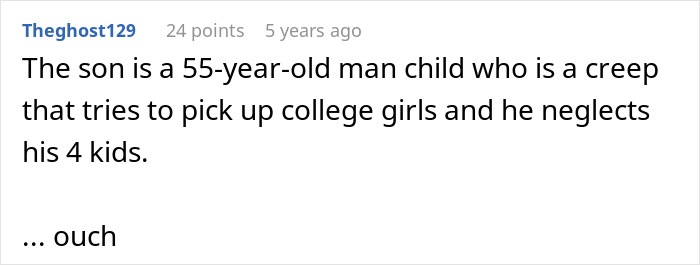 A comment describing the bully as a 55-year-old man child who neglects his kids, linking to the beach trip refusal. A comment describing the bully as a 55-year-old man child who neglects his kids, linking to the beach trip refusal.