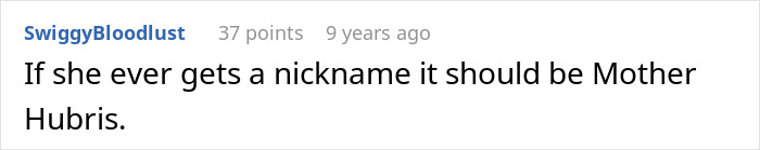 A Reddit comment suggesting the nickname Mother Hubris for the woman having a drunken tantrum.