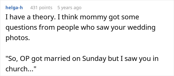 A screenshot of a Reddit comment theorizing that a mother faced questions for choosing church over her child's wedding and missing family photos.