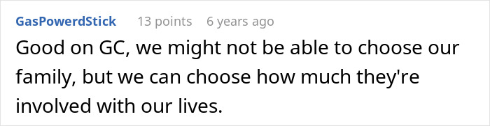 A comment about choosing family and involvement in lives, reflecting the entitled woman's wedding vacation ruin.