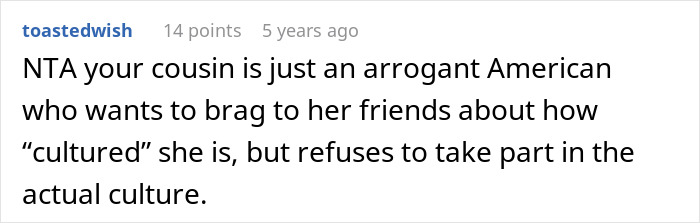 Comment criticizing arrogant cousin in poor cousin story Comment criticizing arrogant cousin in poor cousin story