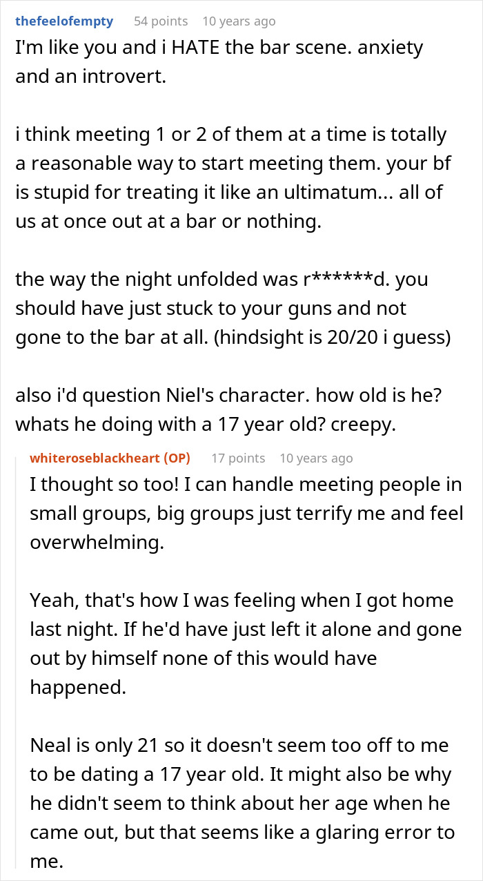 Further Reddit comments about an introverted GF and her difficult bar crawl experience on her boyfriend's birthday. Further Reddit comments about an introverted GF and her difficult bar crawl experience on her boyfriend's birthday.