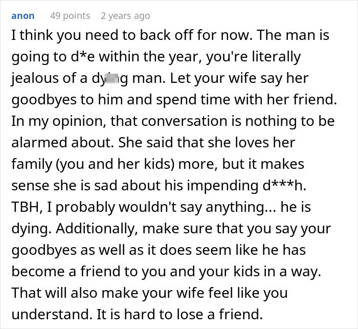 A Reddit comment advising a husband to let his wife say goodbye to a dying friend after an accident ends their marriage.
