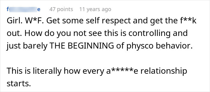 A screenshot of a comment urging self-respect and to leave a controlling, toxic guy, highlighting his rules.