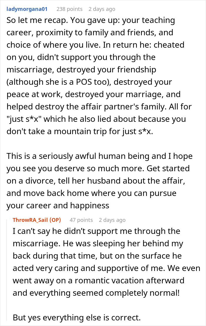 A user summarizes the husband's betrayal, urging the woman to act on her suspicions over husband's affair and seek a divorce. A user summarizes the husband's betrayal, urging the woman to act on her suspicions over husband's affair and seek a divorce.