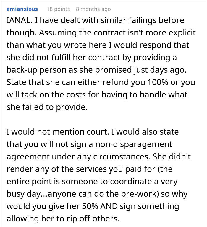 Legal perspective on wedding coordinator contract breach and refund demands