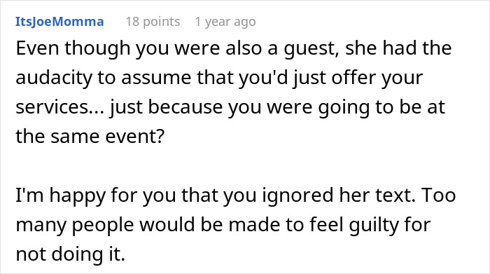 Comment discussing a guest's audacity and silence at a wedding event