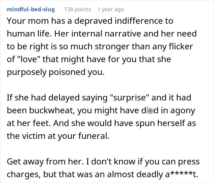 A comment about a mother's indifference to human life and gluten-free food, purposefully poisoning her daughter.