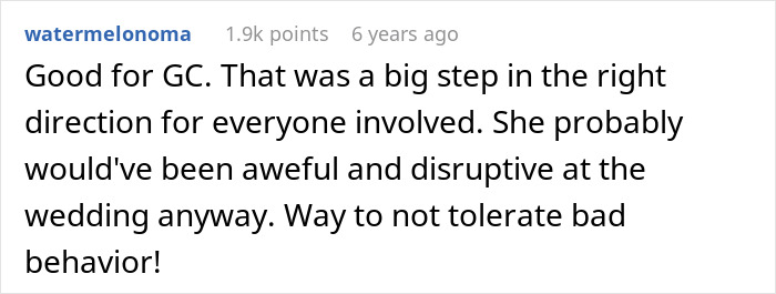 A comment praising the sister for not tolerating bad behavior at her wedding, indicating the entitled woman's vacation was not a priority.