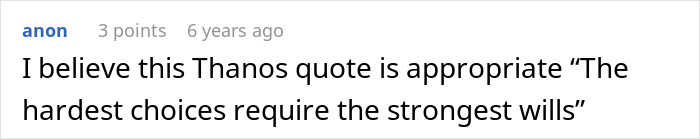 A comment referencing a Thanos quote in relation to the entitled woman and the sister's wedding.