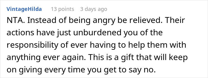 Comment saying homophobic parents unburden responsibility and relief in saying no