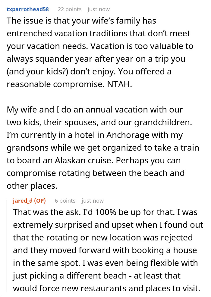 A Reddit comment discussing the wife's family vacation traditions and suggesting a compromise for the annual trip.